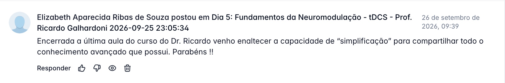 Depoimento de Elizabeth Ribas de Souza sobre a capacidade didática do professor Ricardo